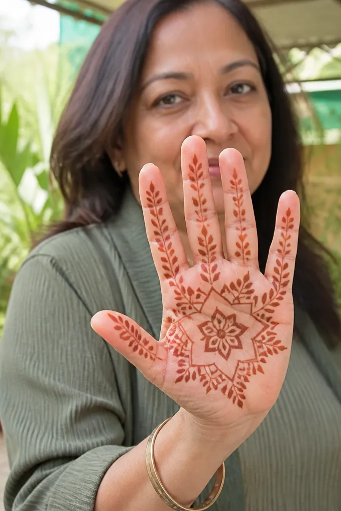 A small star in the center with step-like leaf motifs on the front hand
