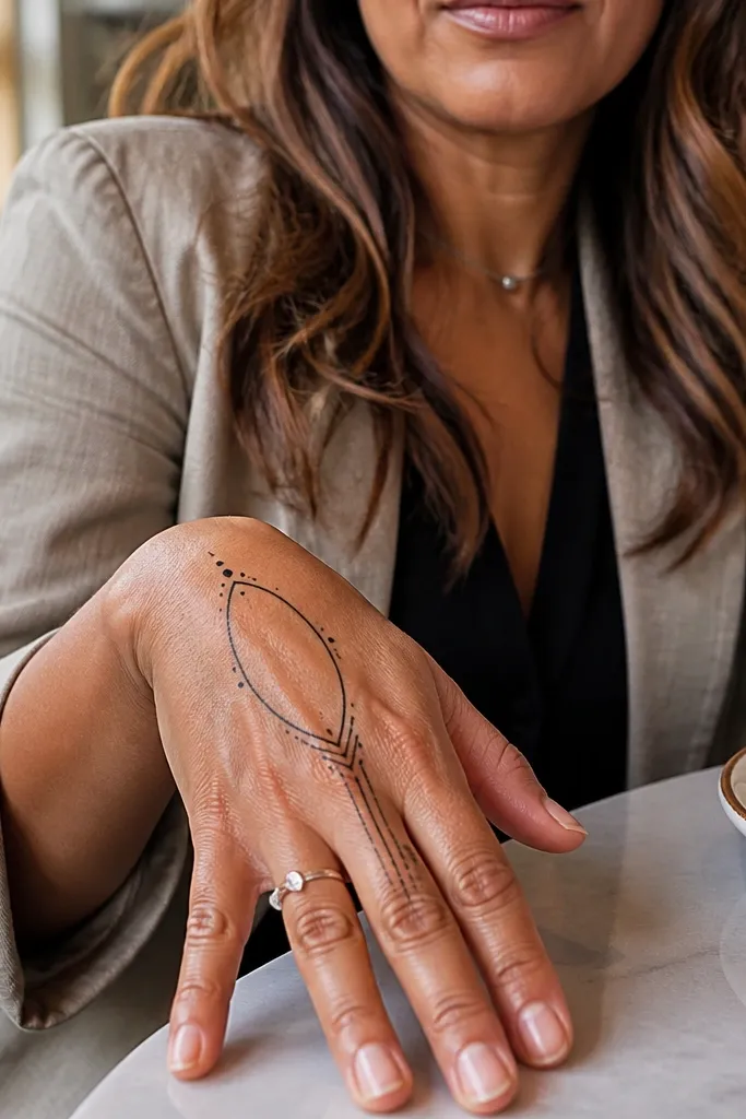 Thin frames on fingers with one oval motif across the back of the hand