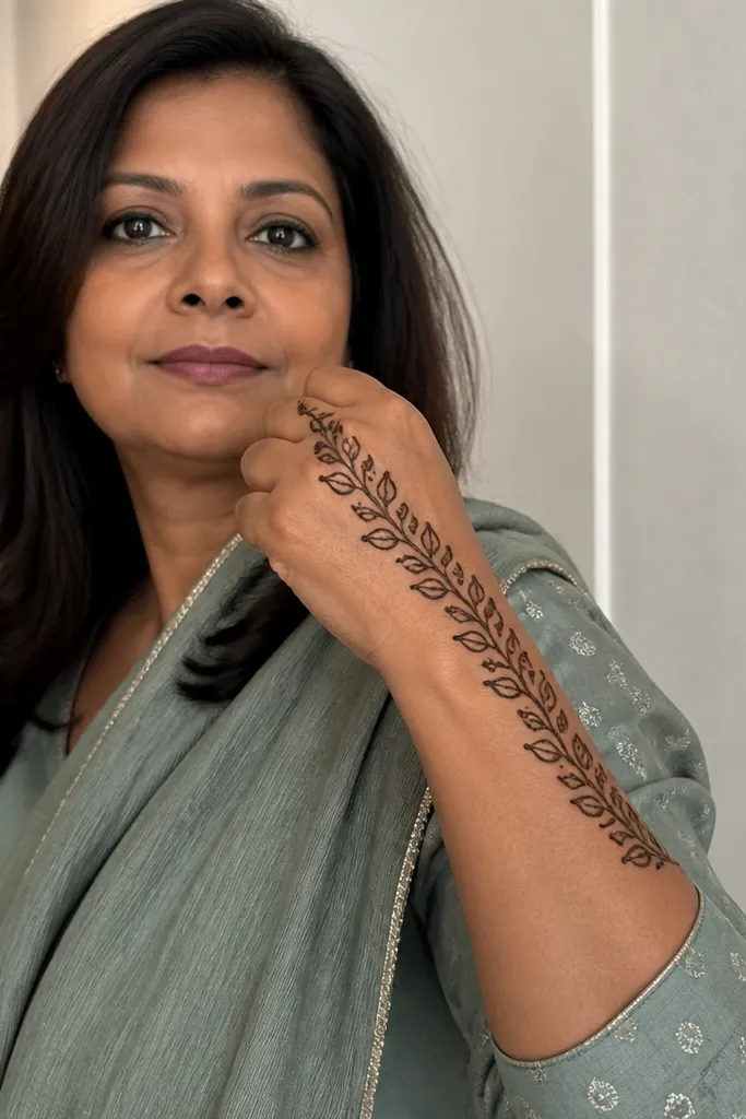 A diagonal vine across the front hand with stepped motifs near knuckles