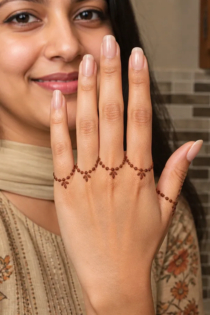 A border of connected dot chains around the front hand knuckles
