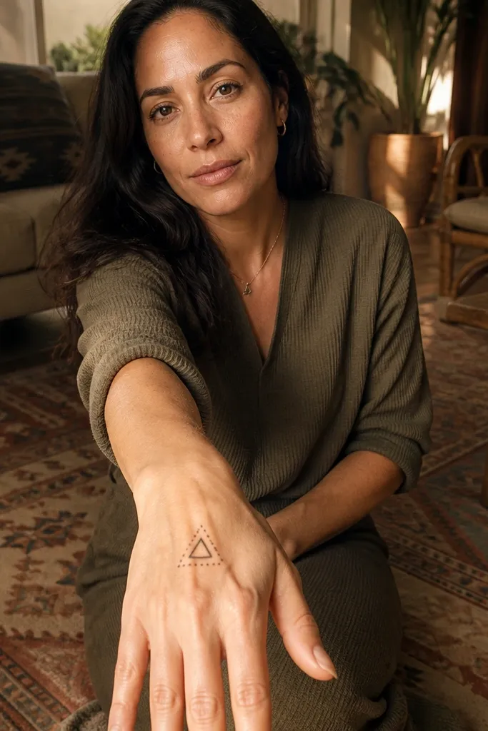 Small triangle motif across the front hand with thin linework