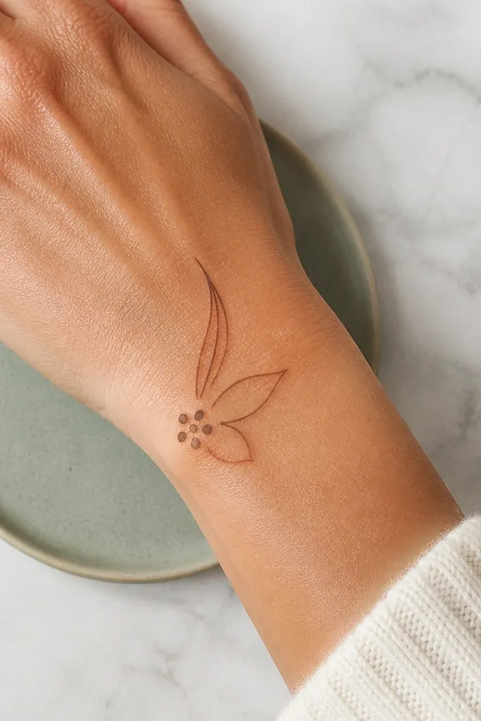 A small flower at the wrist with two petal lines leading upward