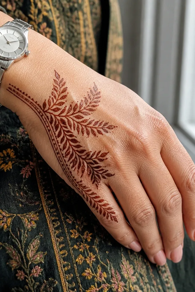 A leaf motif concentrated at the front corner near the thumb side