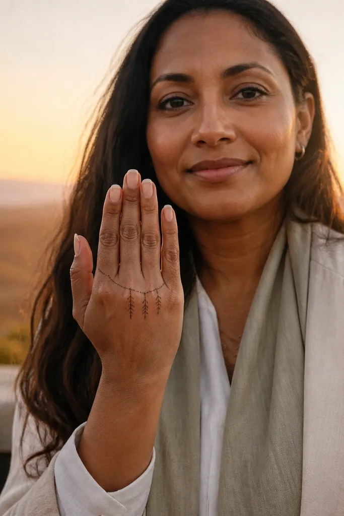 An arc garland across three fingers with small dot beads