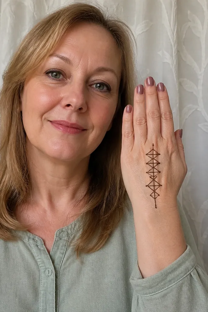 Small geometric triangles stacked like a ladder on the front hand