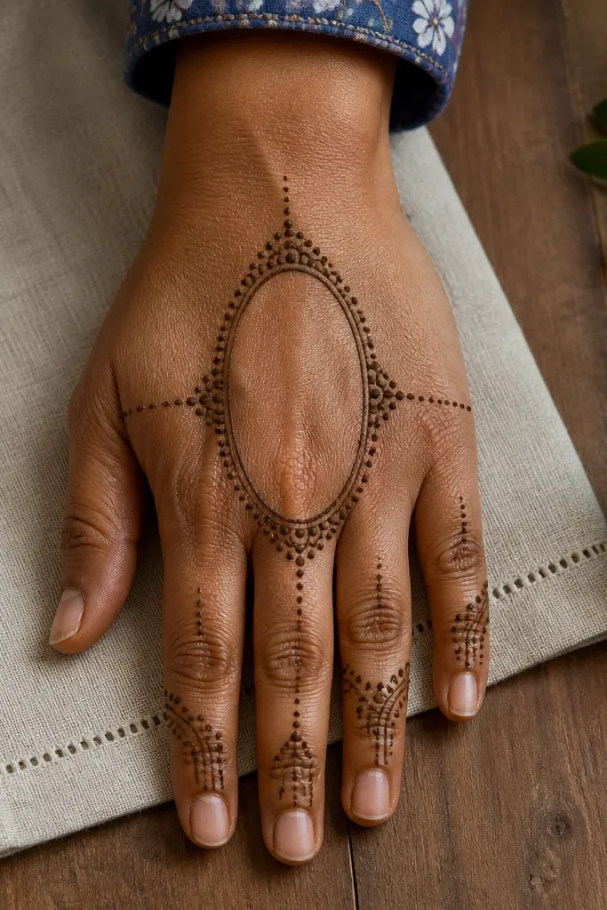 A center oval motif with dotted trails running to both sides on the front hand