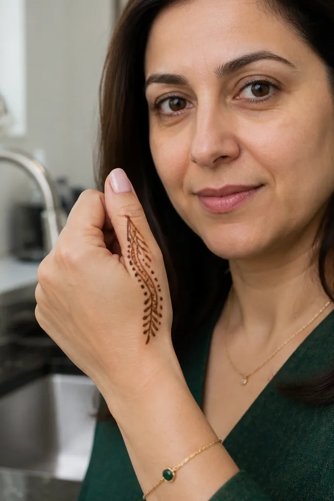 An arch motif near the thumb side corner with tiny dots