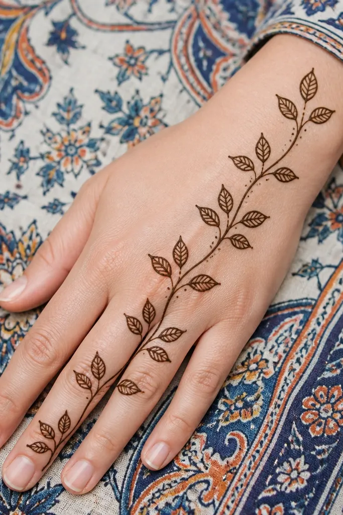 A thin vine down the front hand with repeated groups of three leaves