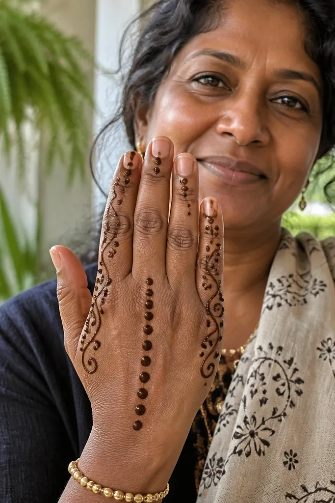 Swirled border on outer fingers with a center dot column motif