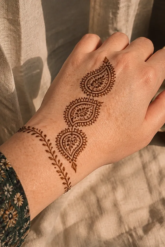 Wrist mehndi with a thin vine band and three paisley drops across the back hand.
