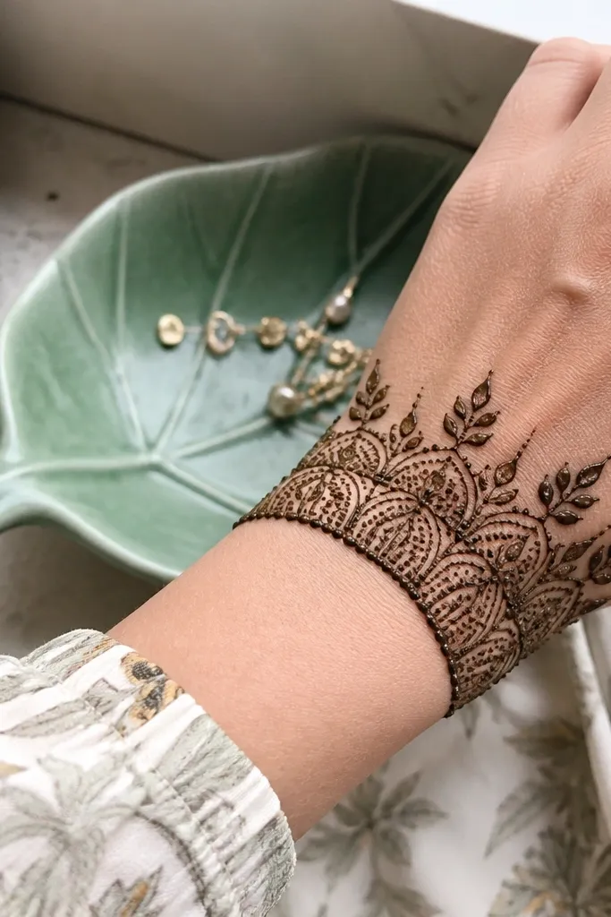 A half-moon fan pattern spreading from the wrist with leaf tips and dots.
