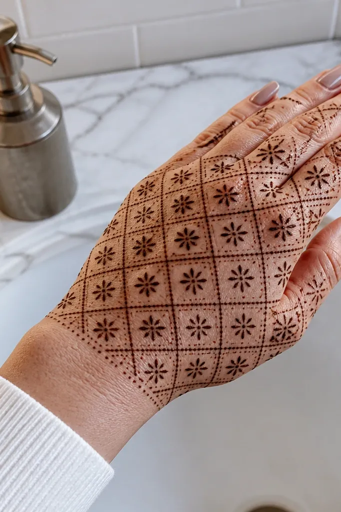 Back of hand covered with a light grid and small diamond holes.