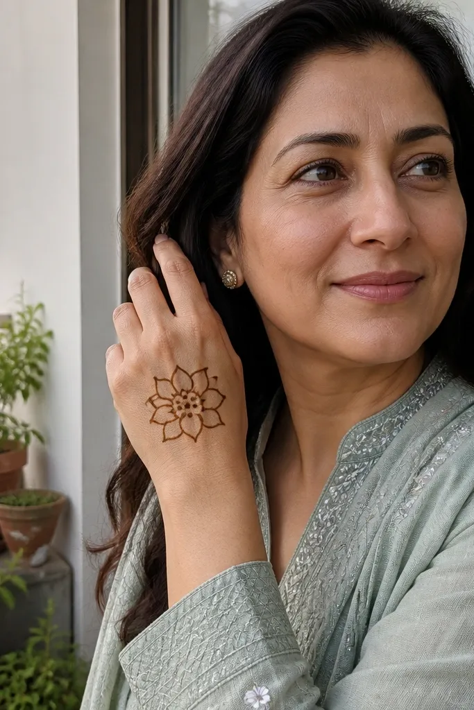 A single lotus flower centered on the back of the hand with thin petals.