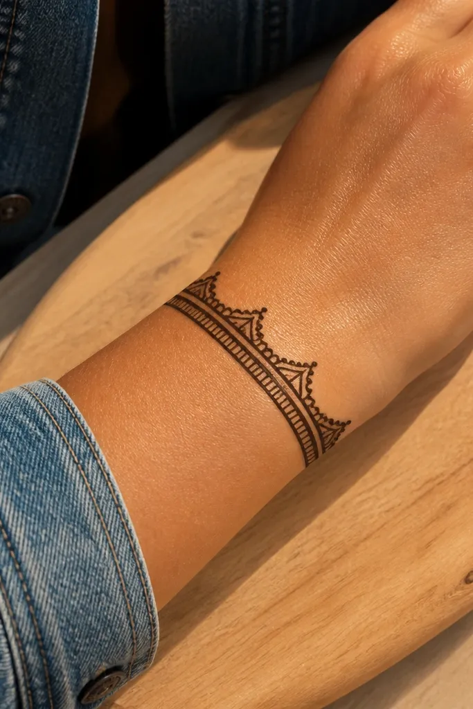 A straight bracelet band on the wrist with small side arches toward the hand.
