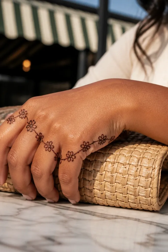 A chain of tiny flowers and dots across the knuckles with thin connecting lines.