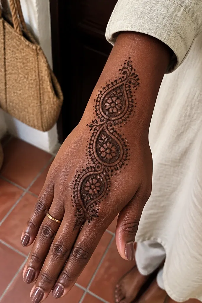 Three stacked paisleys on the center back of the hand with dotted accents.