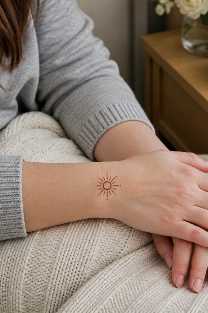 A small sunburst made of short rays centered on the wrist with dots around it.