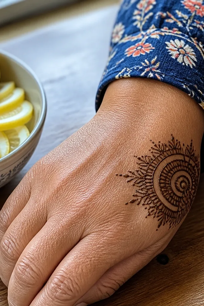 A small corner mandala made of dots and tiny loops on the back of the hand.