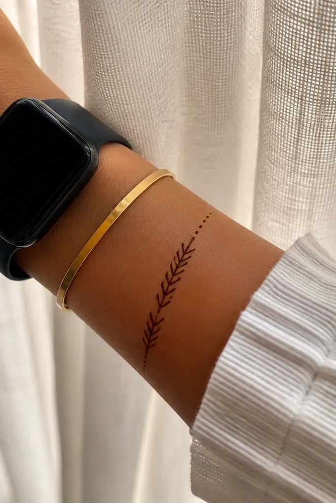 Chevron pattern bracelet across the wrist with thin side lines and dots.