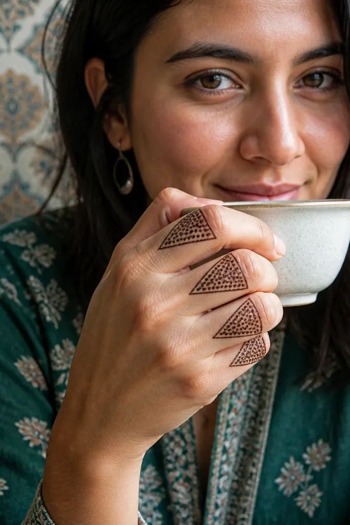 Triangular mehndi shapes on knuckles with dot filling inside each triangle.