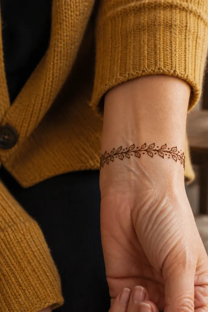 A thin wrist line with small leaf teardrops repeating around it.
