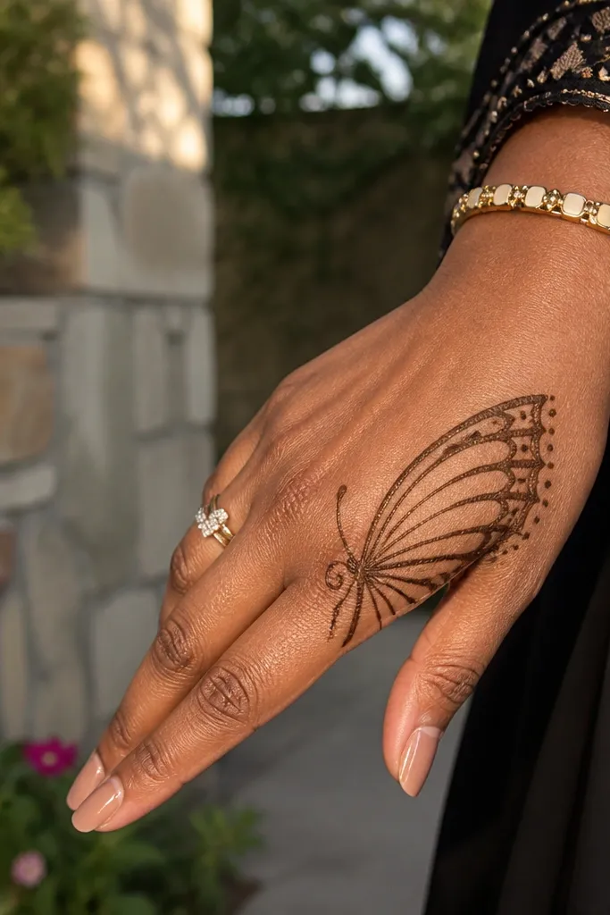 Two wing outlines on the side of the hand with dot accents near the tips.
