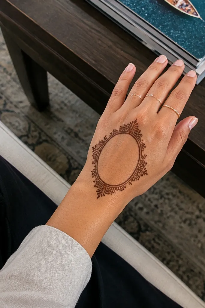 An oval frame on the back hand with small flourishes in each corner.