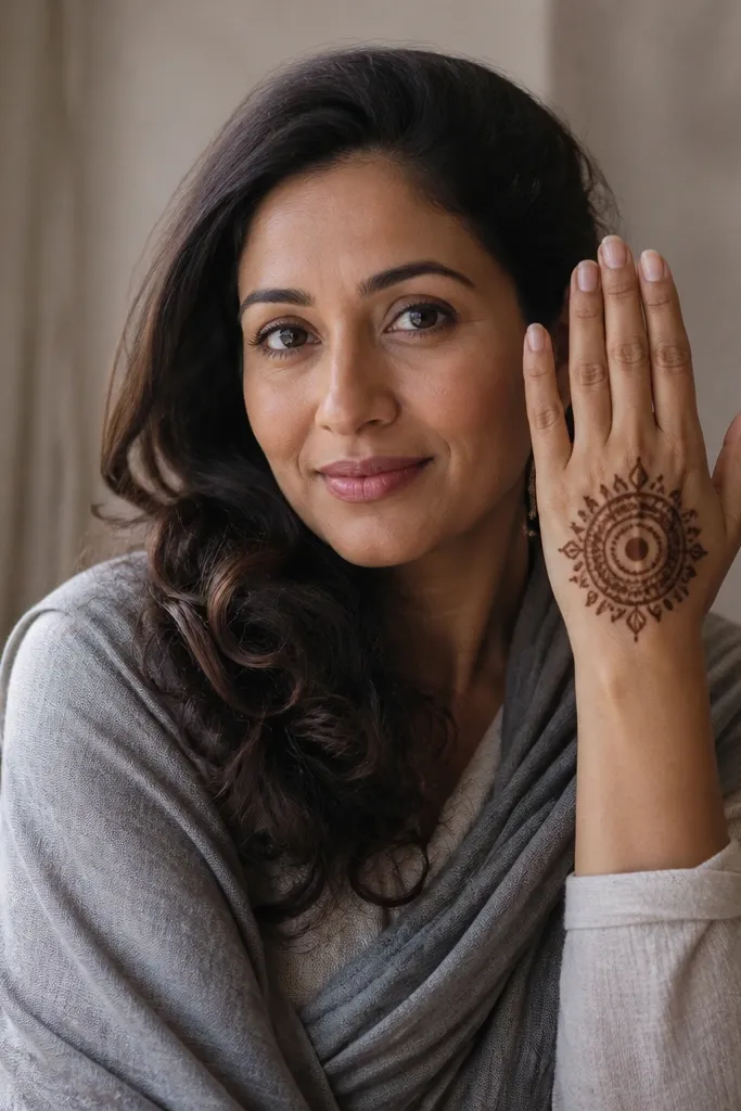 A single circular mandala on the thumb side with small petals and dots.