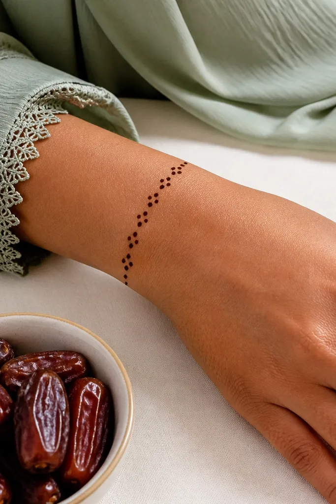 Wrist bracelet made of a curved line with three dot clusters repeating.