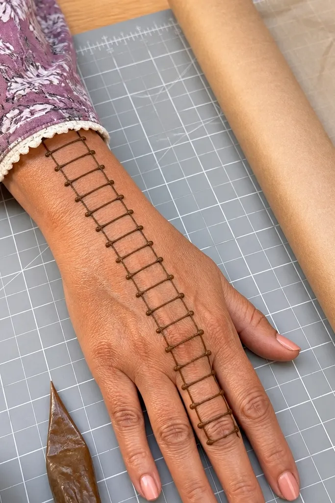 Ladder-like vertical lines from wrist up to finger bases with small dots.
