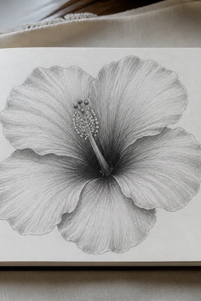 Pencil hibiscus with light shading and clean petal outlines