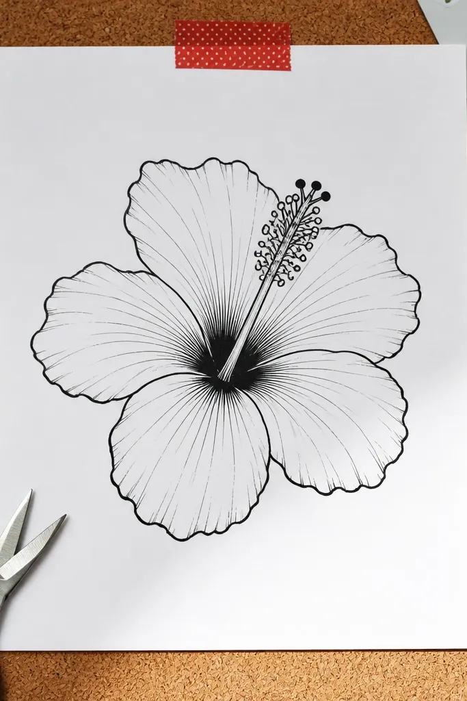Ink hibiscus with thick black lines and minimal gray shading