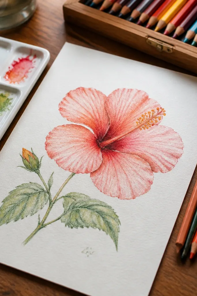Color pencil hibiscus with watercolor-like soft edges