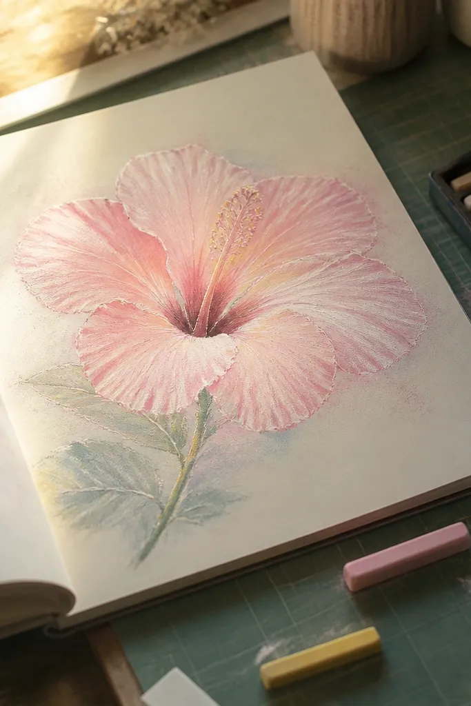 Pastel colored pencil hibiscus with a softly blended center