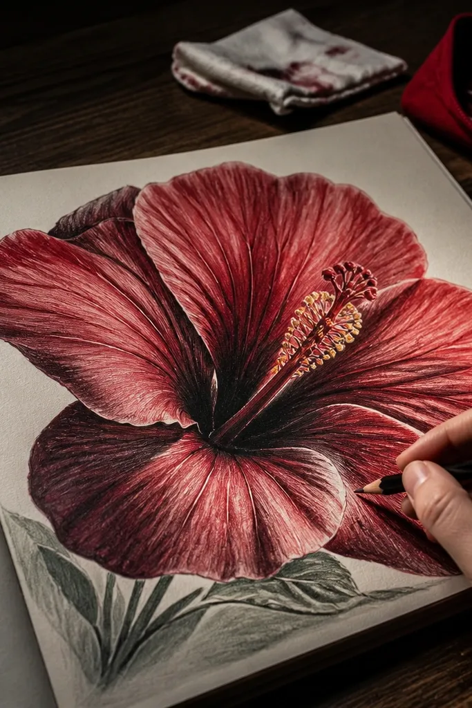 Red hibiscus drawing with dark creases and bright center