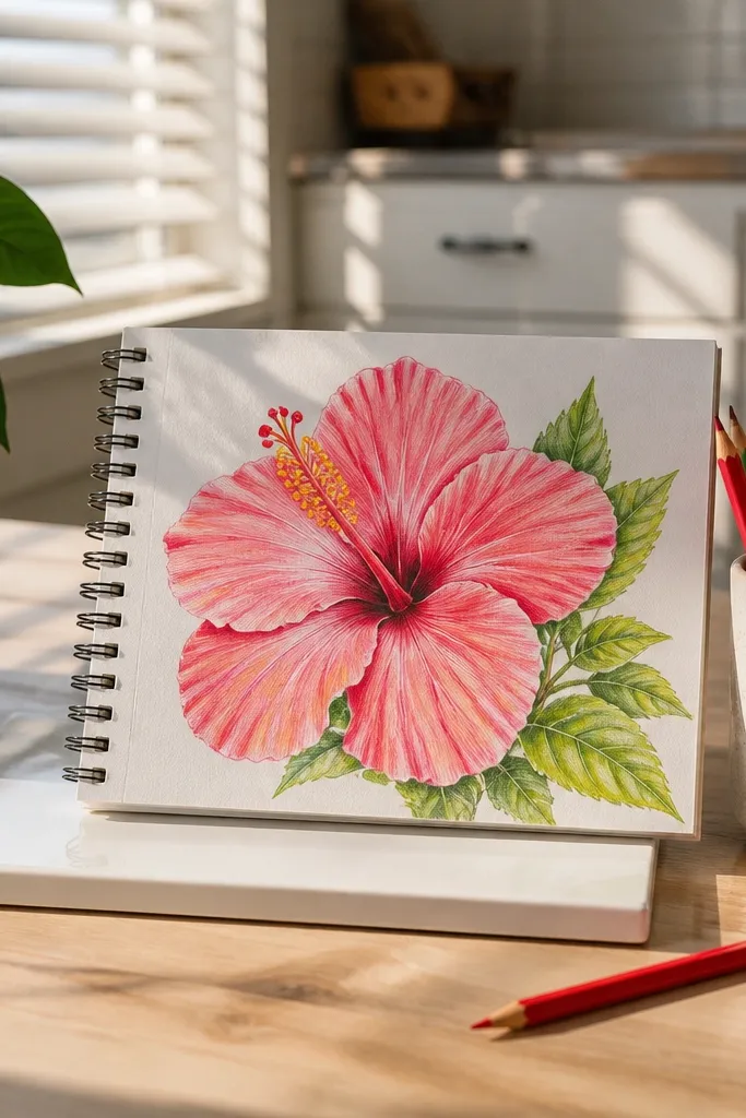 Smooth colored pencil hibiscus with visible petal ridges
