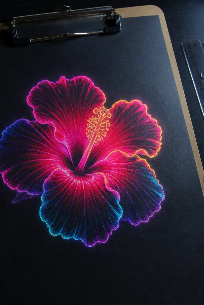 Neon colored hibiscus on black paper with bright center