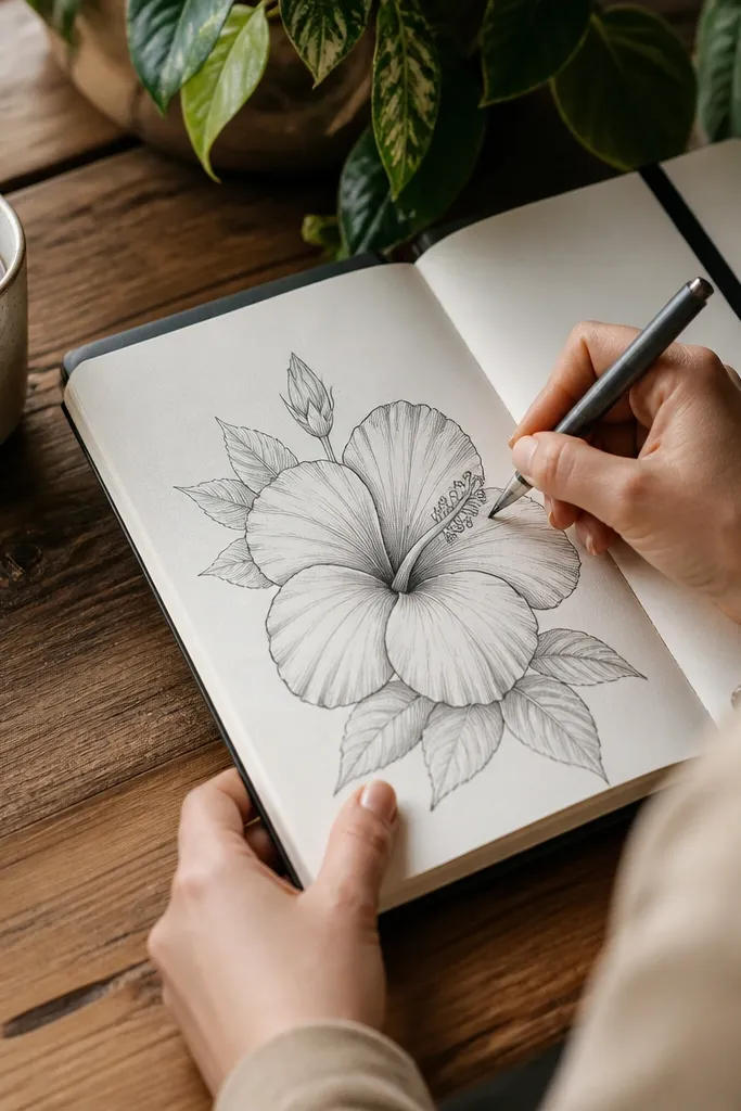 Pencil hibiscus with gel pen lines in the center and folds