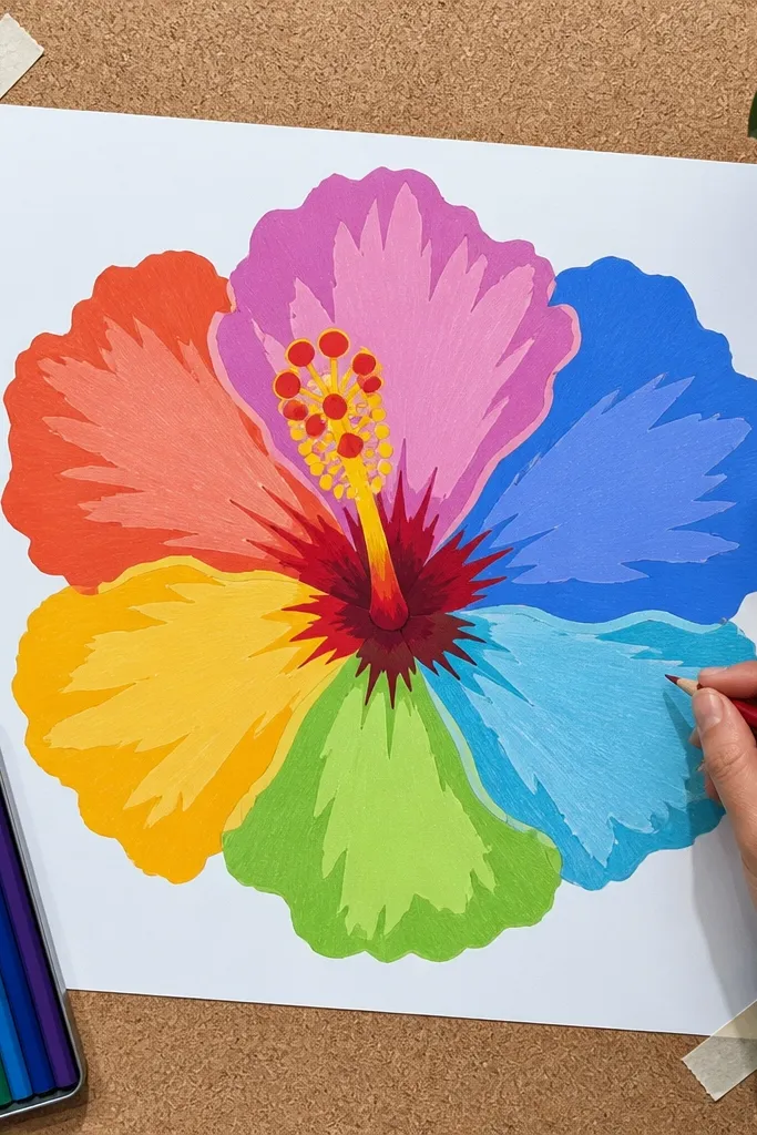 Hibiscus with bold color blocks and sharp edges