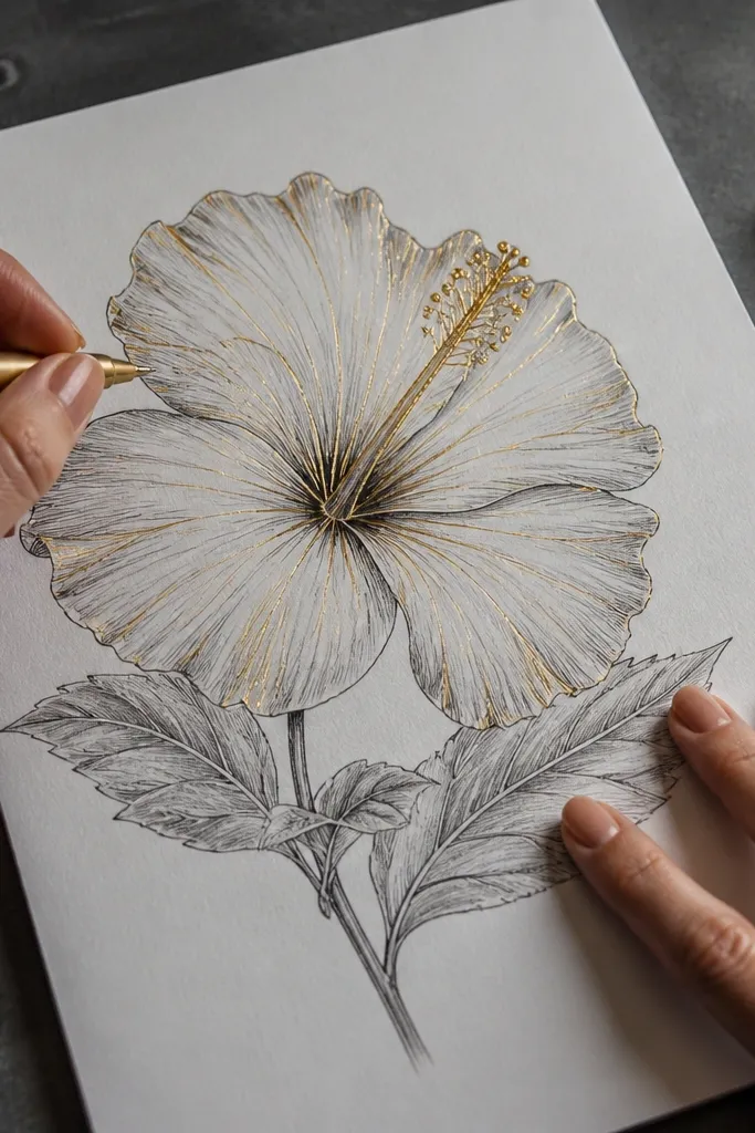 Colored hibiscus with gold highlights on petal ridges and center