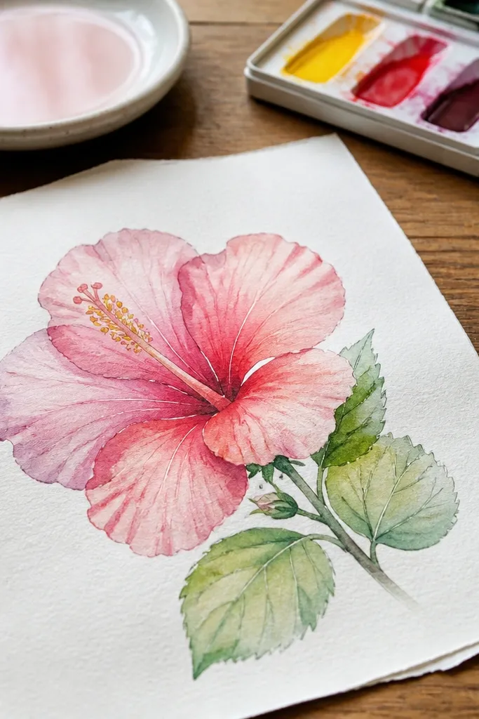 Watercolor-like hibiscus with soft ombre wash and defined folds