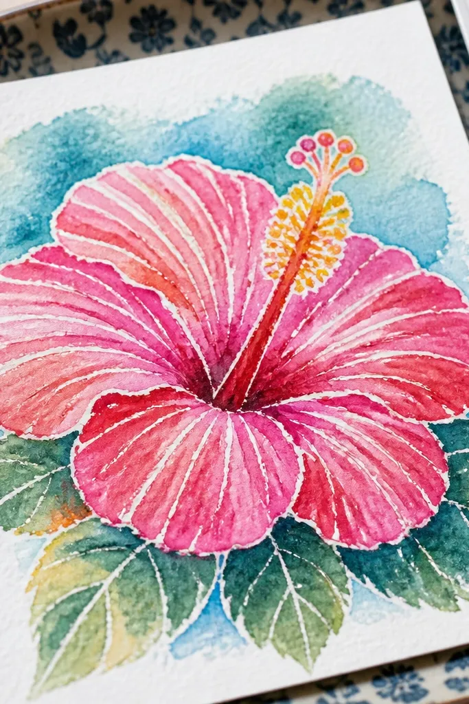 Crayon-textured hibiscus with colored areas and white resist lines