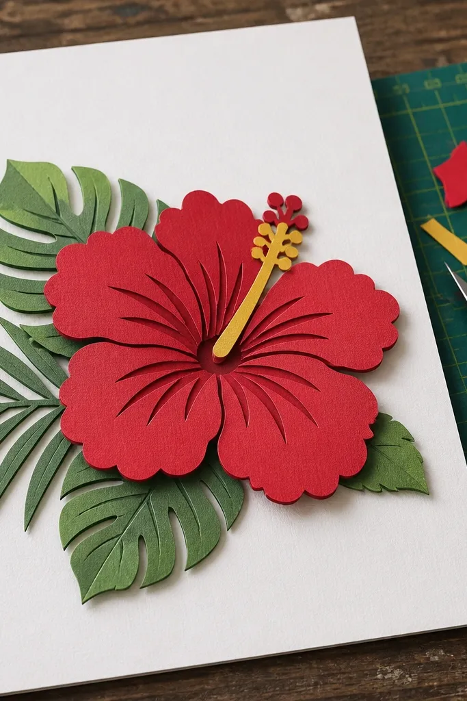 Layered paper-cut hibiscus drawing with shadowed edges