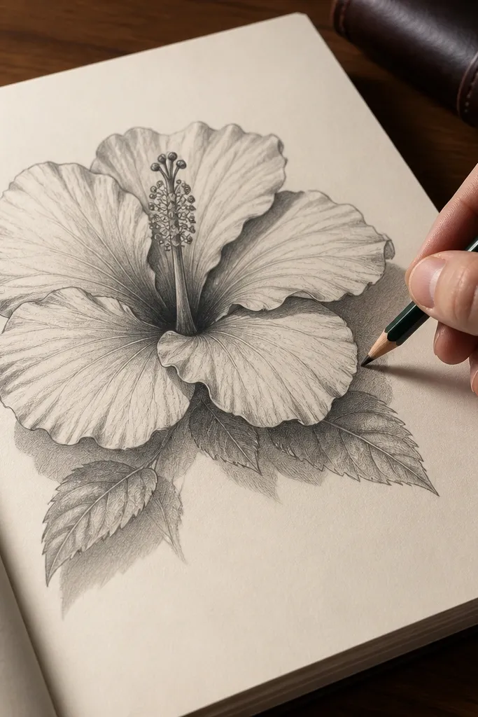 Hibiscus with visible shadow layers under overlapping petals