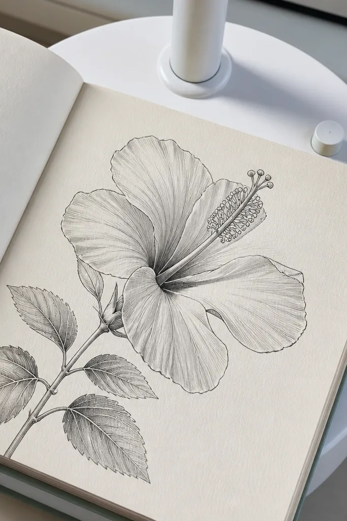 Fine line hibiscus with tiny highlight marks on petals