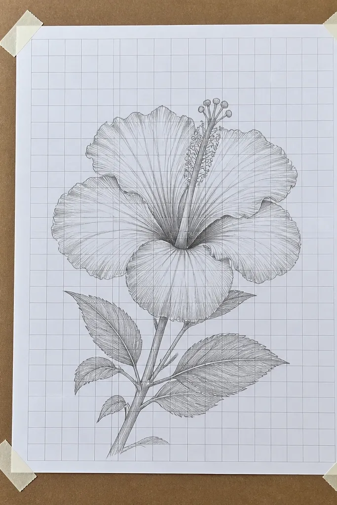 Grid-paper hibiscus drawing with symmetrical petals and neat center