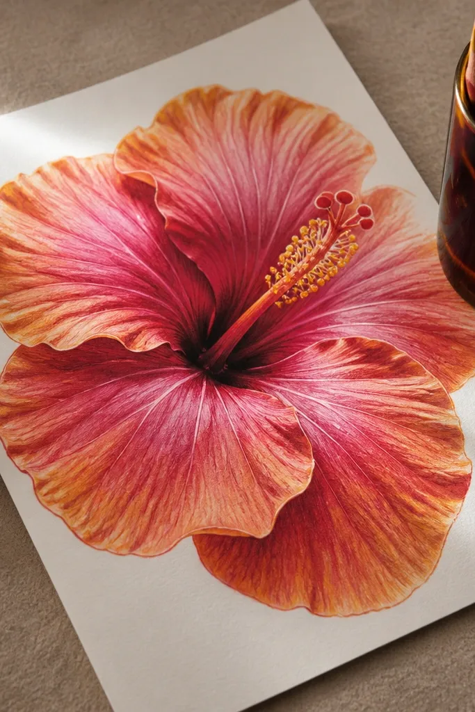 Burnished colored pencil hibiscus with smooth, glossy-like petals