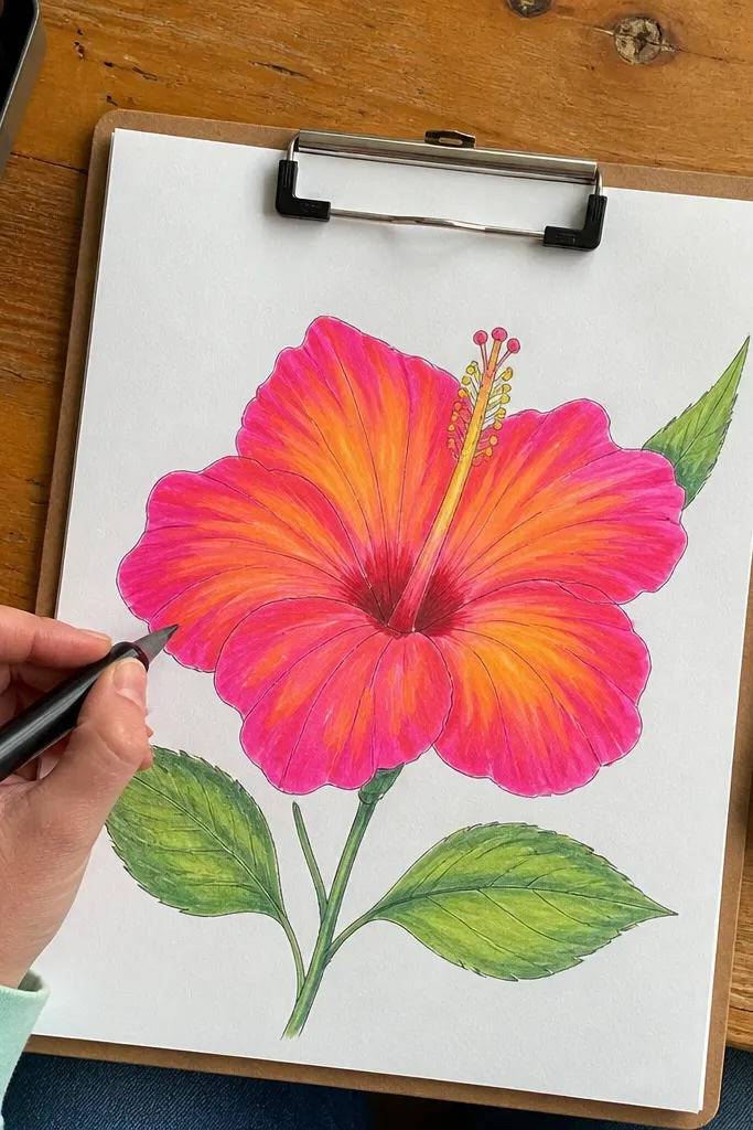 Marker-colored hibiscus with pencil outline and defined folds