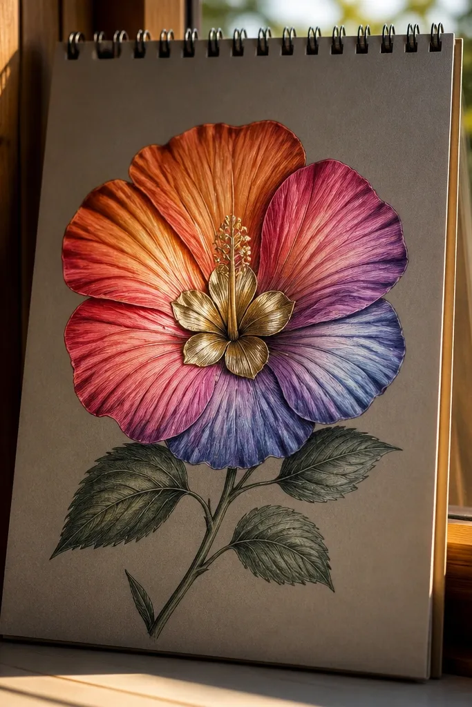 Hibiscus with sunset orange-pink petals and a shiny gold center on white paper