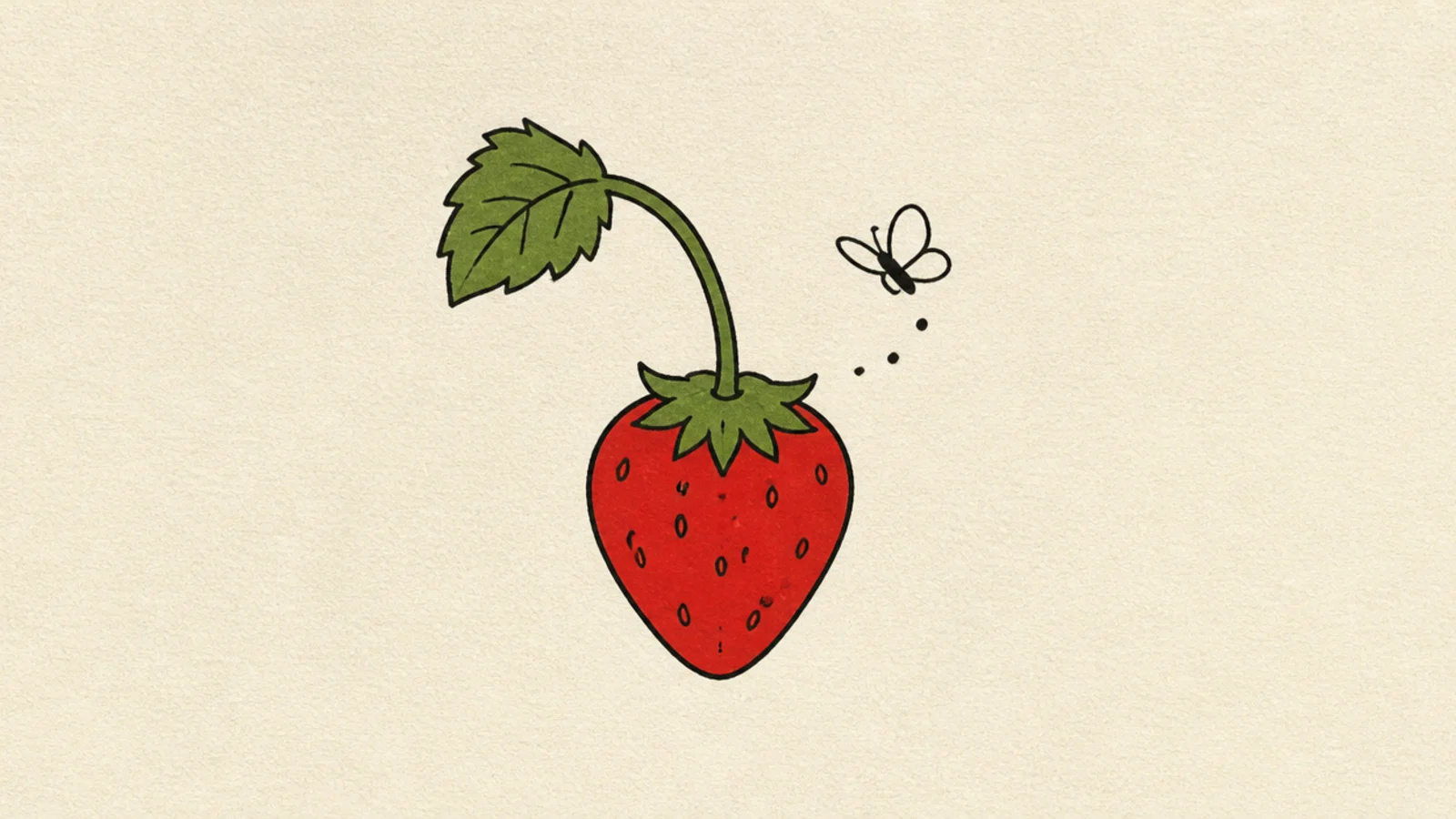 An easy strawberry with a small butterfly resting nearby